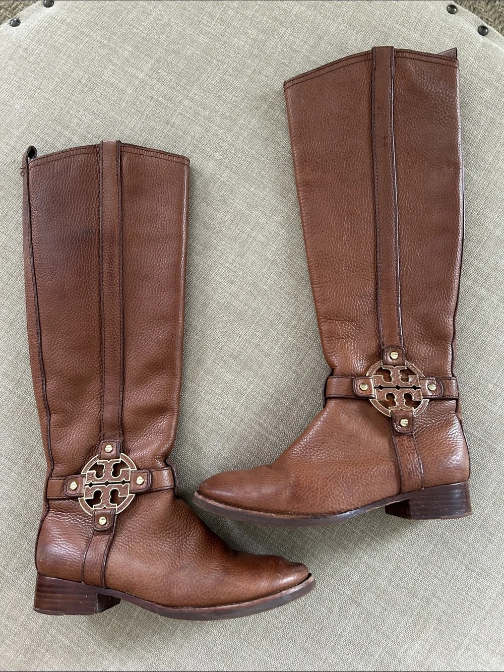 Tory Burch Amanda Cognac Brown Leather Tall Logo Riding Boots (size 5.5)
